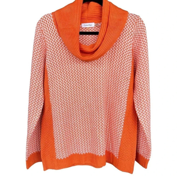 NWOT Calvin Klein Orange White Basketweave Cowl neck Sweater Size Large - Picture 1 of 4